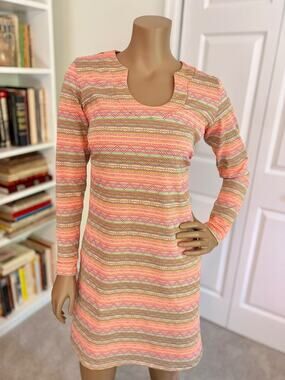 Retro Mod Dress Long Sleeve Pockets Spunkwear Geometric Stripe Pink USA S/M